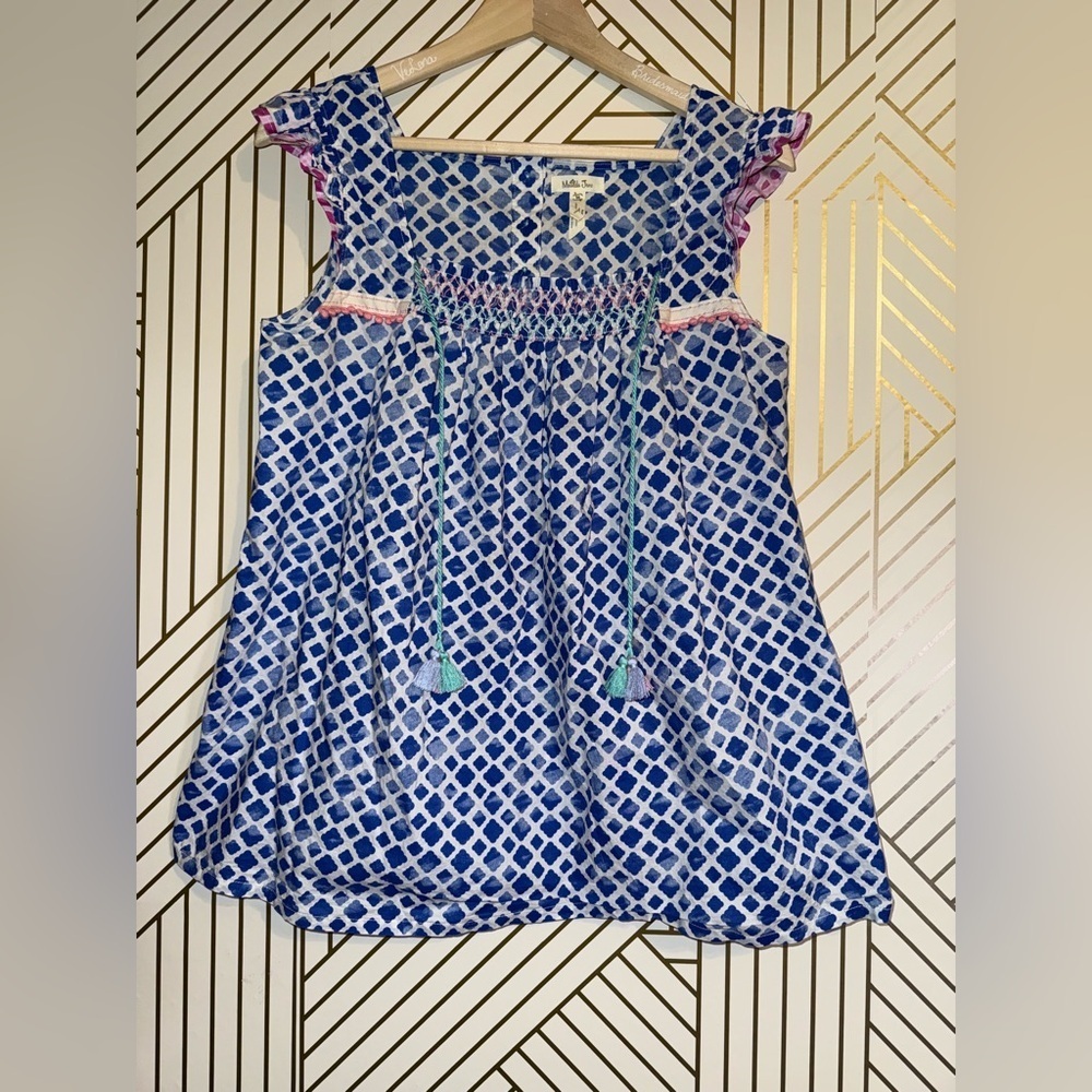 Matilda Jane Babydoll Blouse Size M Blue Geometric Tassel Tie Boho Top - Picture 5 of 12